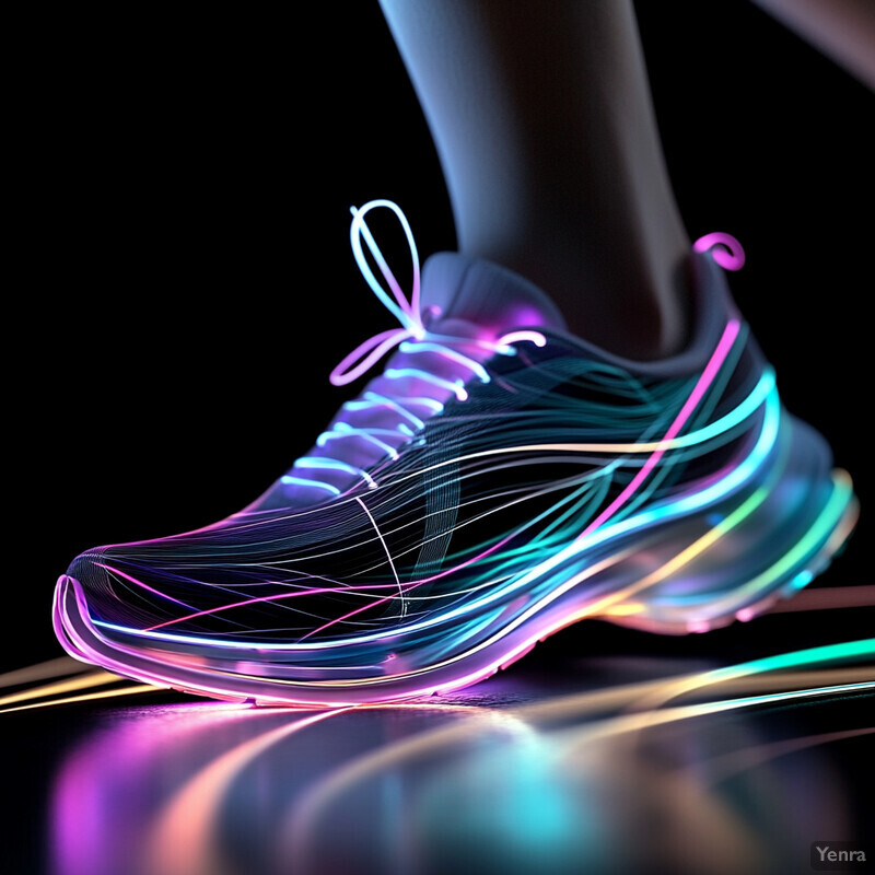 A close-up view of an athletic shoe with neon lights tracing along its contours, conveying a sense of energy and dynamism.