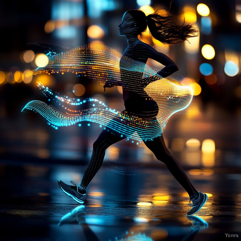 A woman running in the rain at night.