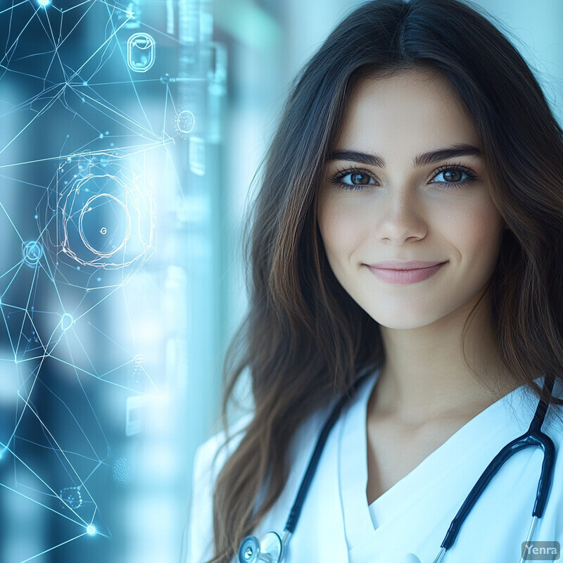 A young woman in a lab coat and stethoscope holding a tablet in a hospital setting