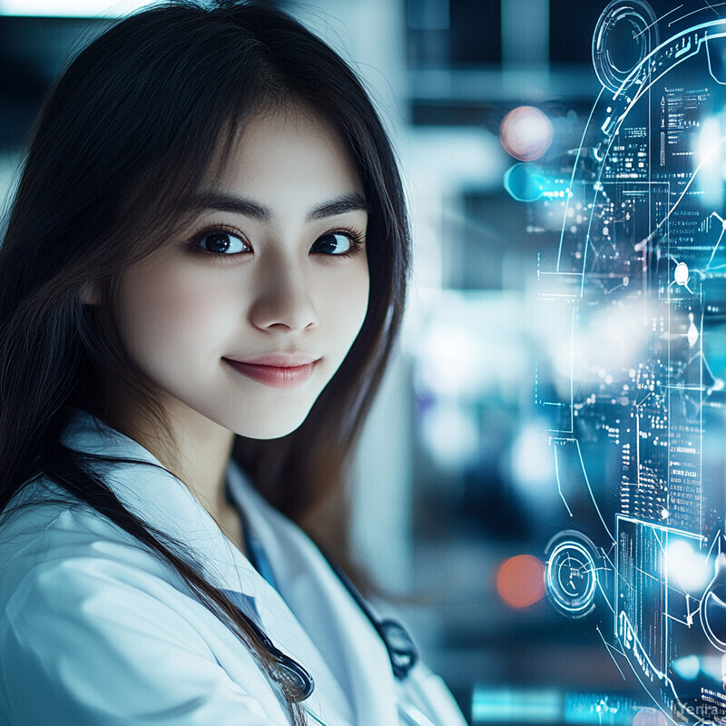 A woman in a white lab coat stands in front of a blurred background, possibly in an office setting.