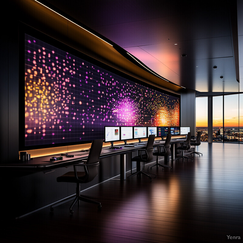 A high-tech control room with a stunning city view and advanced monitoring systems.