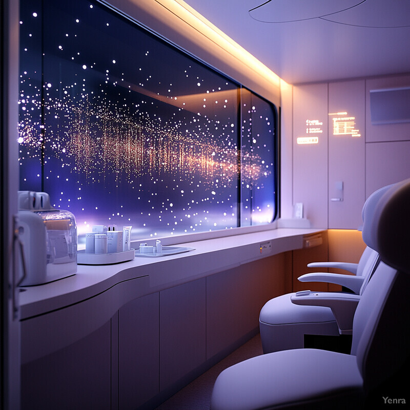 A luxurious train car with a large window offering a breathtaking view of the night sky.