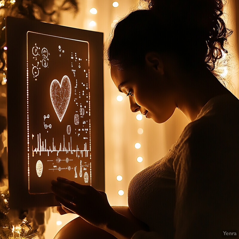 A pregnant woman holding an ECG graph with a heart at its center, surrounded by various symbols and patterns.