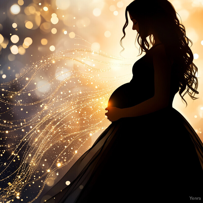 A pregnant woman stands against a radiant gold background, her silhouette accentuated by the warm light.