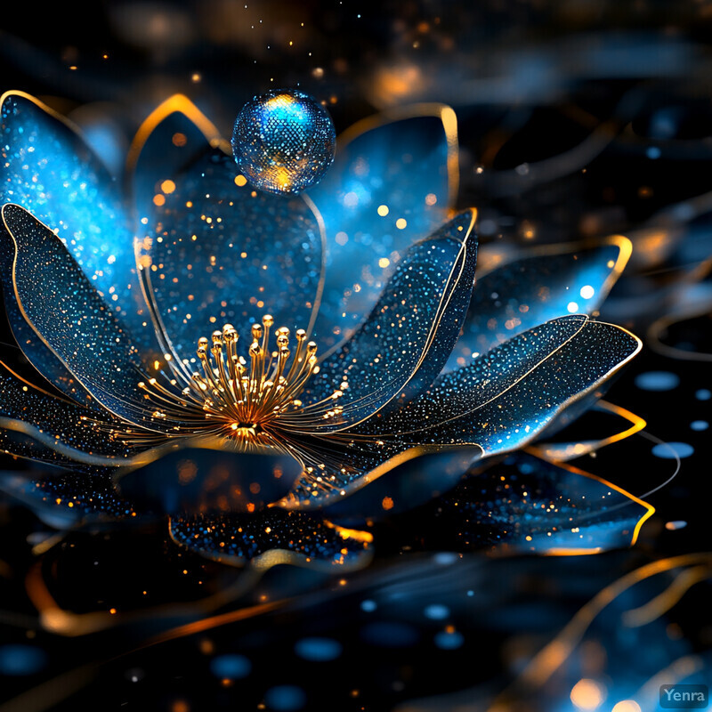 A stunning digital artwork featuring a blue and gold flower with intricate details.