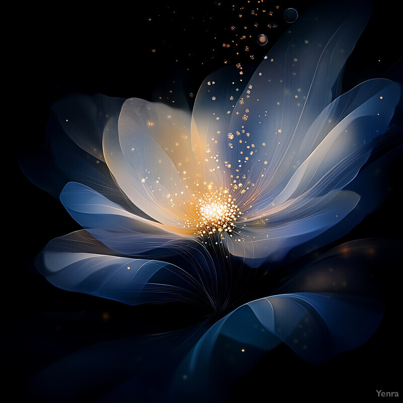 An abstract flower with translucent petals and a vibrant gold center, set against a dark blue background.