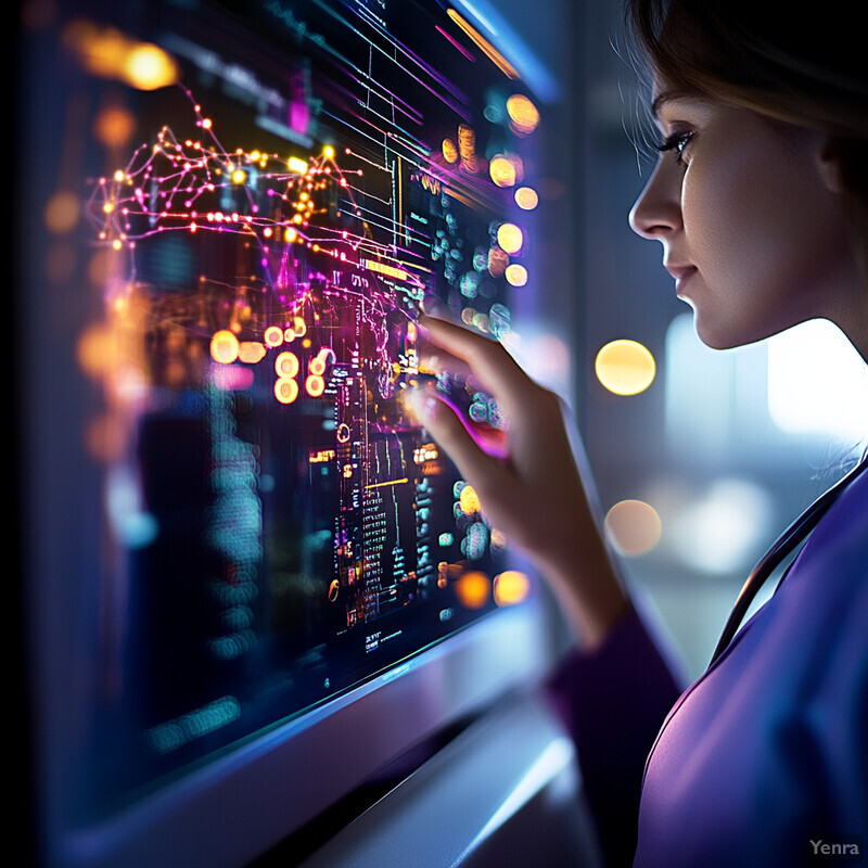 A woman examines a large screen displaying an ultrasound image in a medical setting.