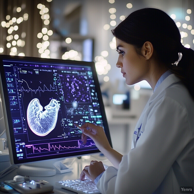 A woman in a lab coat examines an Enhanced Ultrasound Image Analysis on her computer screen.