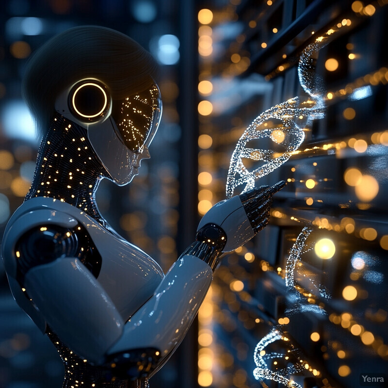 A humanoid robot interprets genomic variants in a laboratory setting.