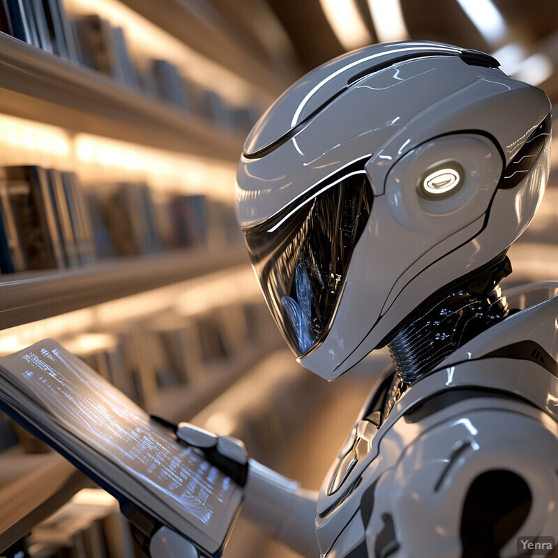 A robot stands in front of bookshelves, holding an open book and gazing down at its pages with interest.