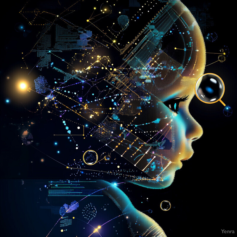 A woman's side profile with geometric shapes and lines superimposed over her face, creating an abstract representation of technology and innovation.