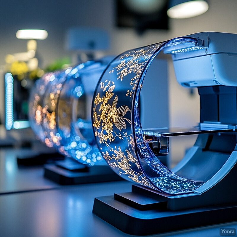 A row of intricately decorated glass or crystal objects in a gallery or museum setting.