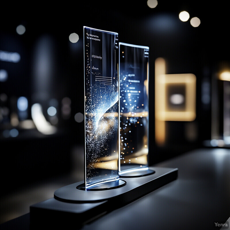 Two glass or crystal awards on a black base in an exhibition hall.