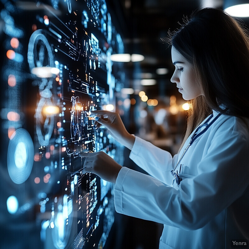 A woman in a white lab coat stands in front of a large screen displaying graphs and charts, with a dark background suggesting a nighttime or early morning setting.