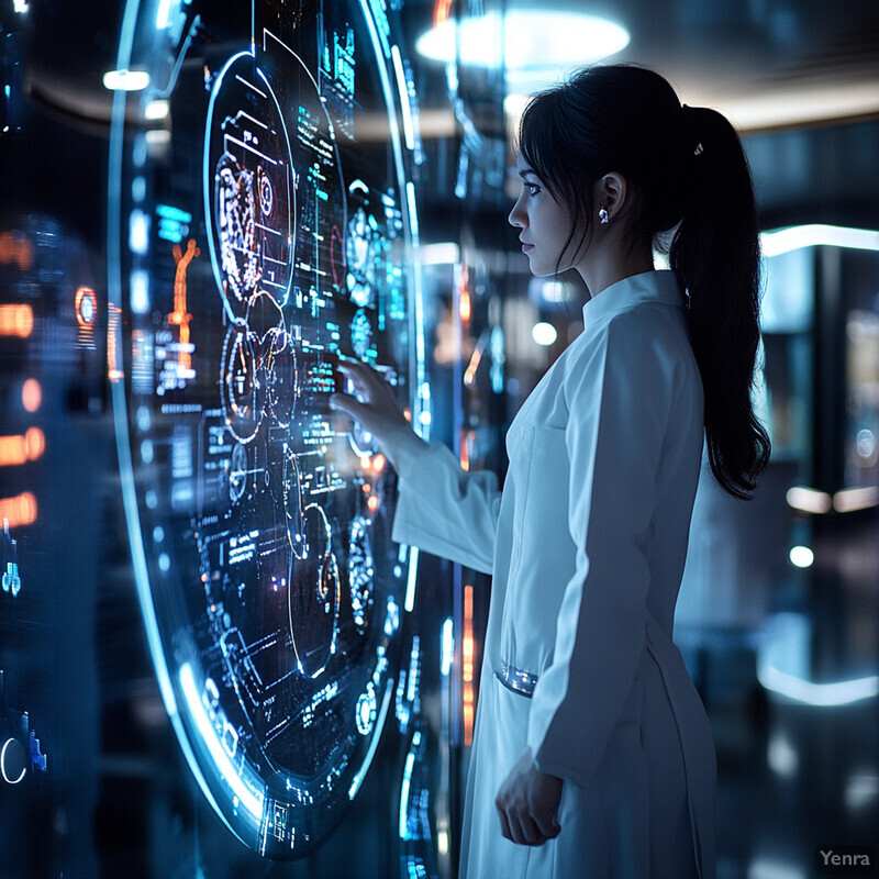 A woman in a lab coat looks at a large screen displaying data.