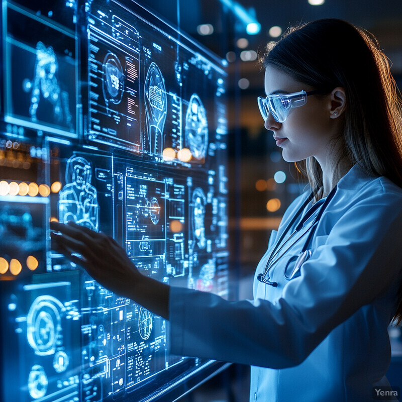 A woman in a lab coat stands in front of a large screen displaying medical images and data.