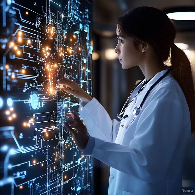 A female doctor stands in front of a large screen displaying data related to patient care, possibly in an office or hospital setting.