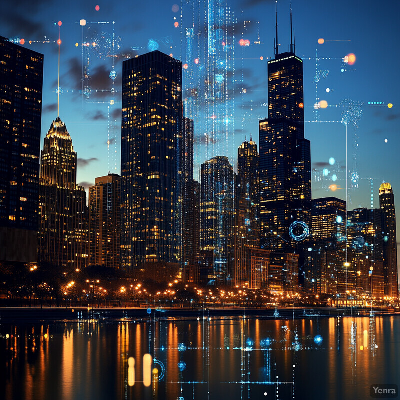 A city skyline at dusk, with several skyscrapers and high-rise buildings illuminated against a deep blue sky.