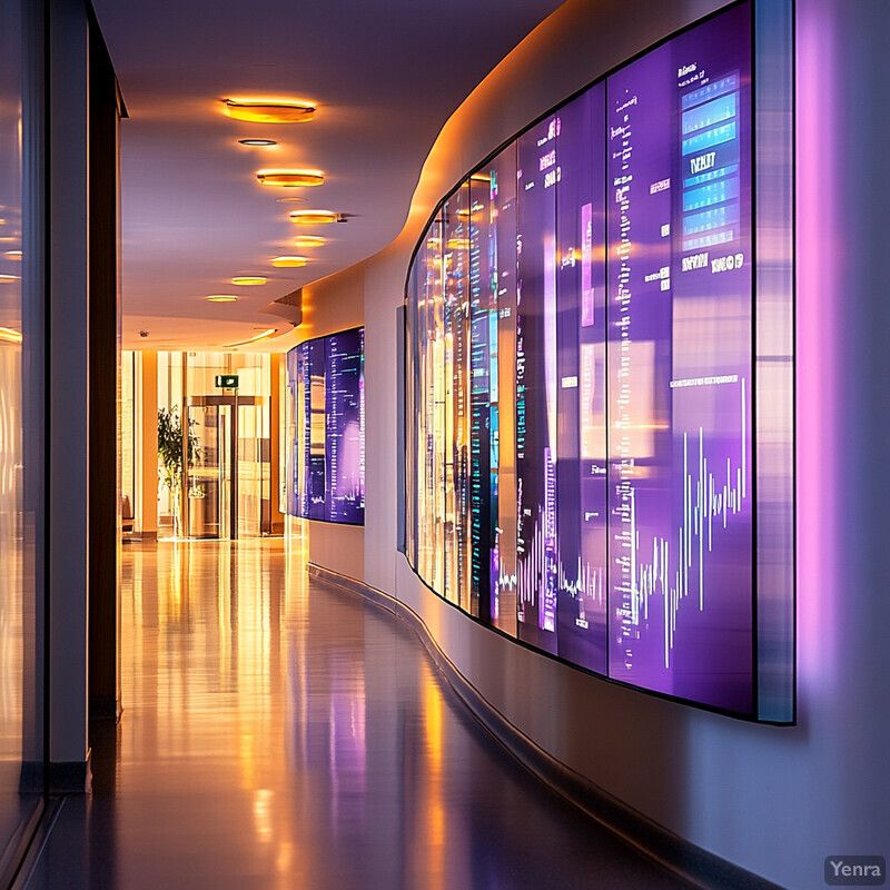 A hallway with large screens displaying data and graphs.