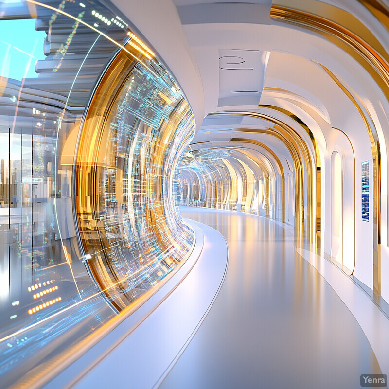 A futuristic hallway with curved walls and ceilings, featuring large windows on both sides.