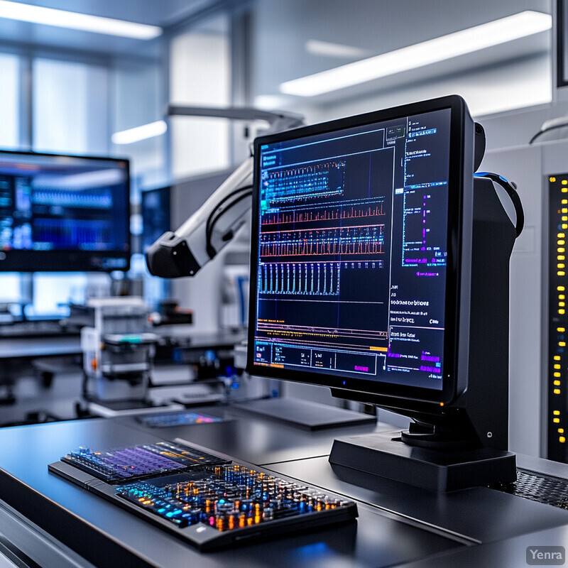 A computer monitor is displayed on a desk in a laboratory setting, surrounded by other monitors and equipment.