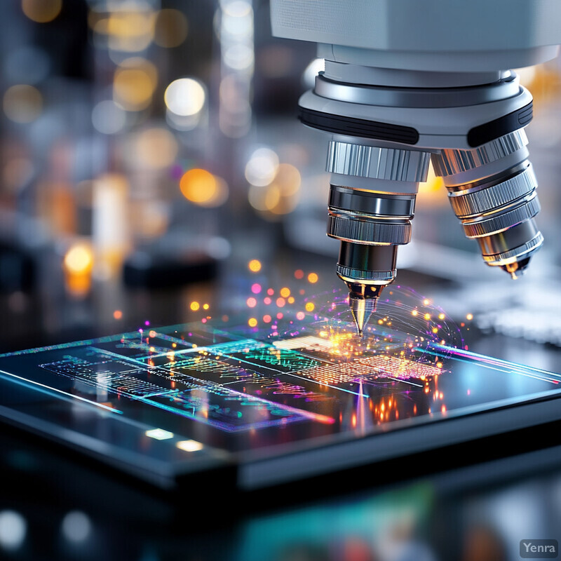 A microscope in a laboratory setting with various objects and equipment visible in the background.