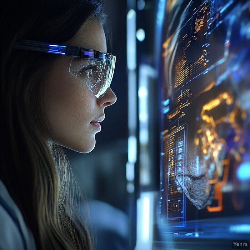 A woman in safety glasses examines a large screen displaying complex data visualizations.