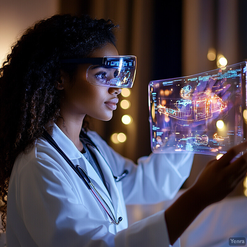 A woman in a white lab coat uses technology to access patient information.