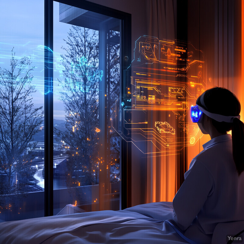 A woman sits on a bed in a room with large windows, wearing VR goggles and surrounded by a serene atmosphere.