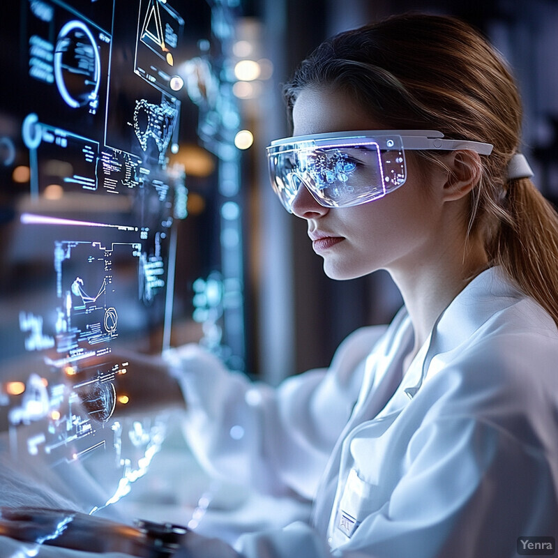 A woman wearing futuristic glasses with a holographic display in a laboratory or research setting.