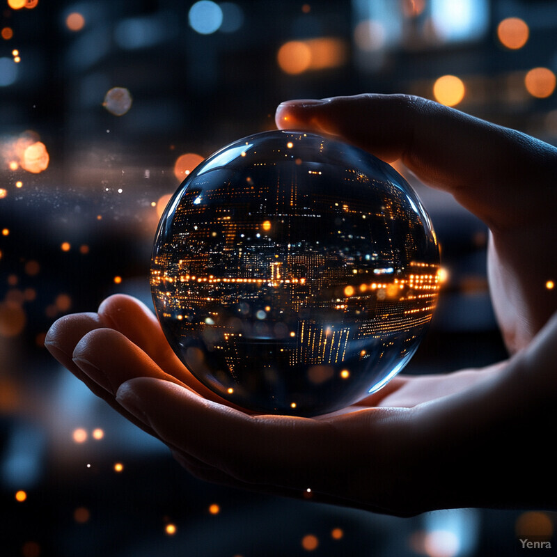 A person holds a crystal ball in their left hand, reflecting the cityscape within it.