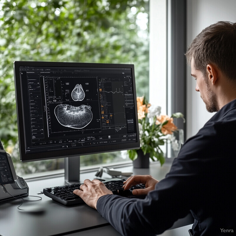 A man is examining an ultrasound scan of a human body part on his computer monitor.