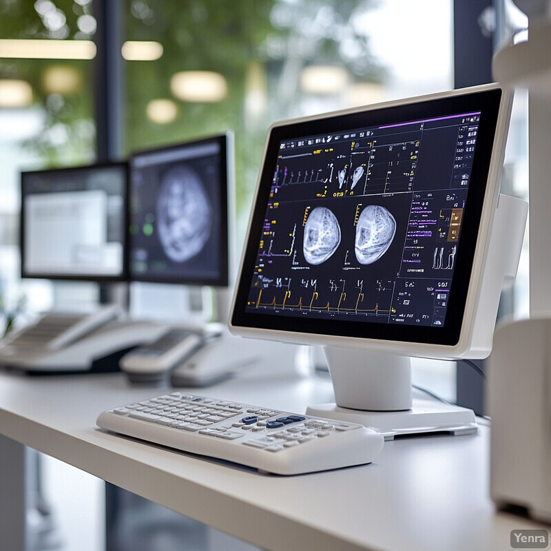 A computer monitor displaying an X-ray of a patient's head in a medical office or clinic.