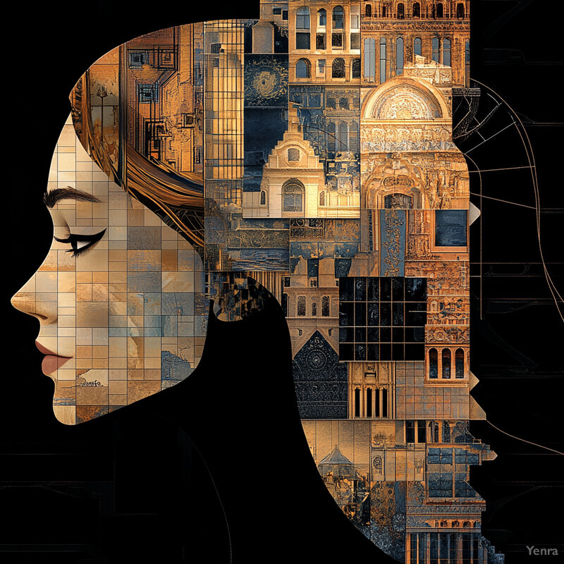 A mosaic artwork featuring a woman's face and architectural elements in gold and black colors.