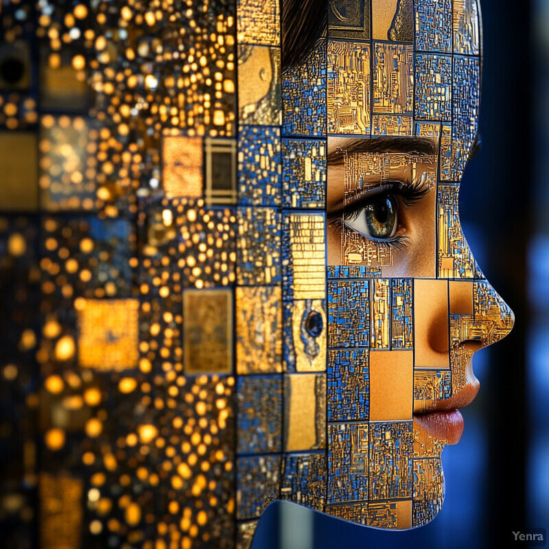 A woman's face composed of gold-colored circuitry patterns with a subtle gradient background.