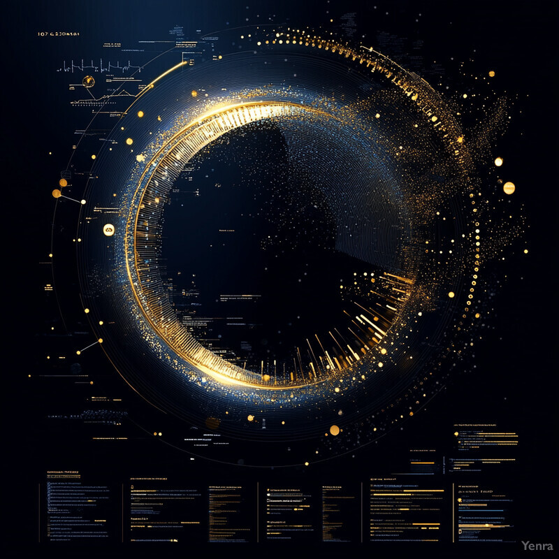 A futuristic visual representation of Continuous Algorithmic Validation and Improvement featuring a glowing circle surrounded by interconnected lines and dots.