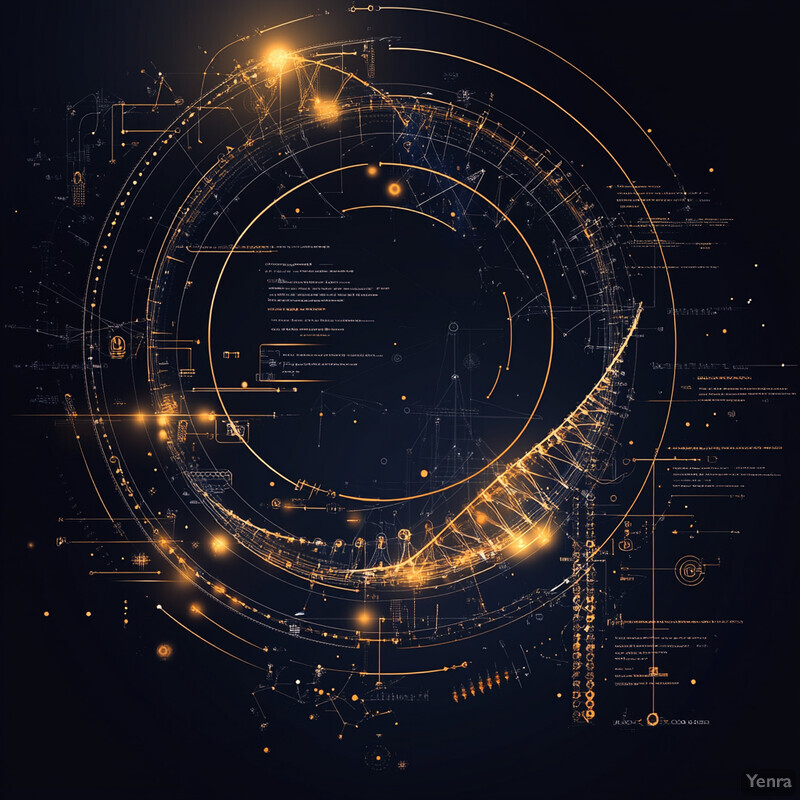 An abstract representation of interconnected nodes and lines, with vibrant yellow and orange hues set against a deep blue background.