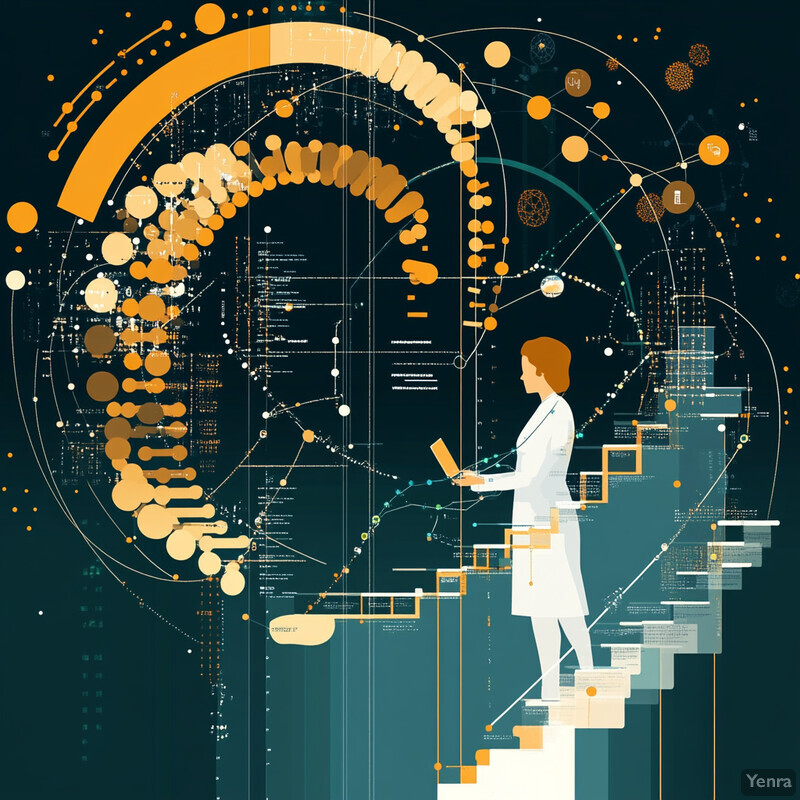 A woman in a white lab coat stands on a staircase surrounded by data analysis tools and symbols.