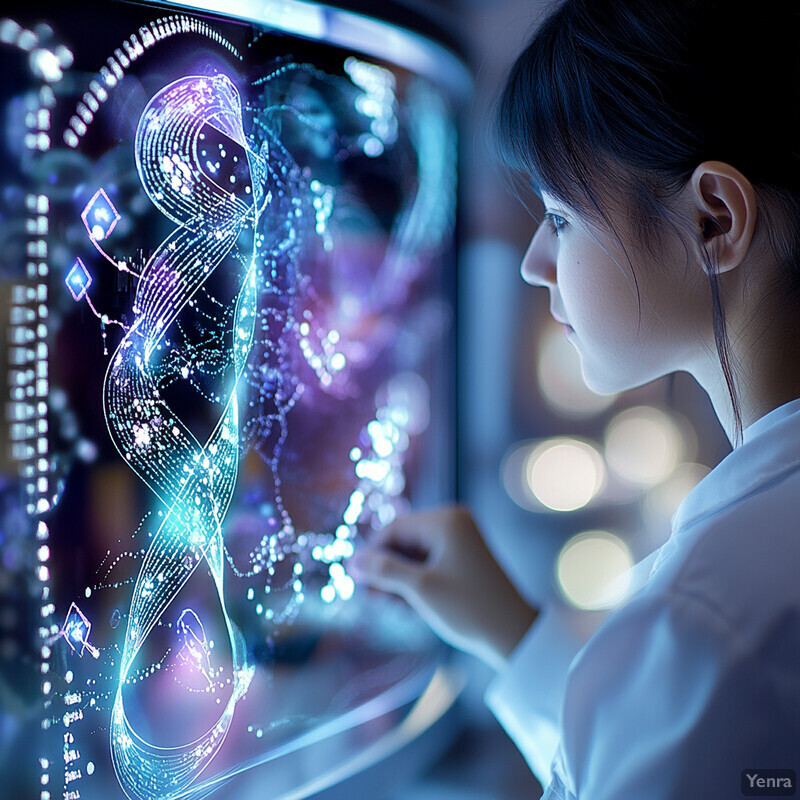 A woman examines a DNA double helix structure on a large screen in a laboratory setting.