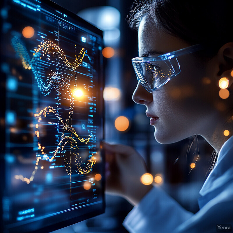 A woman in a lab coat examines a computer screen displaying a graph with yellow dots and lines, likely representing data from an experiment or study.