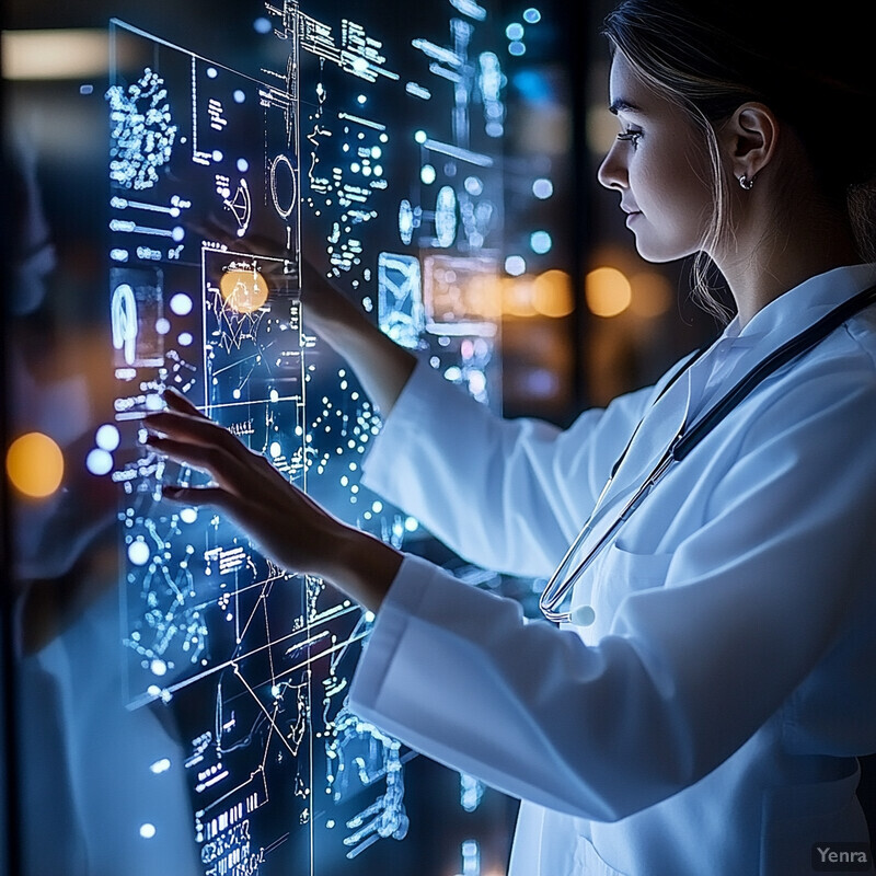 A woman in a white lab coat examines data on a large screen.