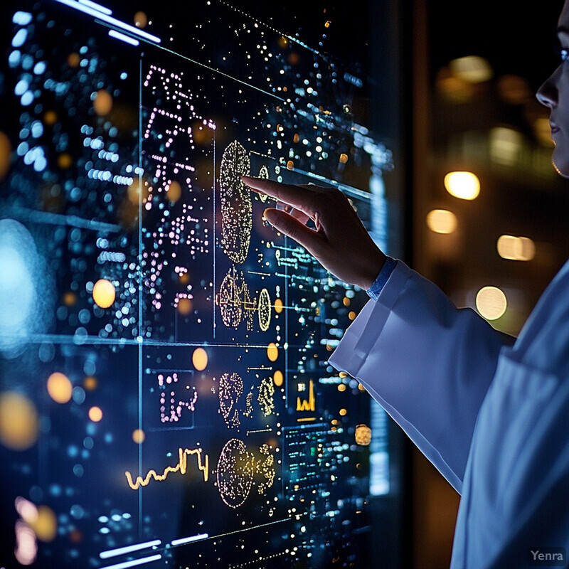 A person in a lab coat is intently analyzing a complex data visualization on a large screen.