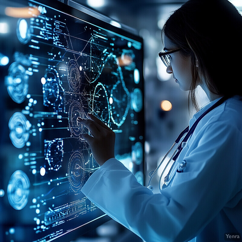 A woman in a lab coat interacts with data on a large screen in a laboratory setting.