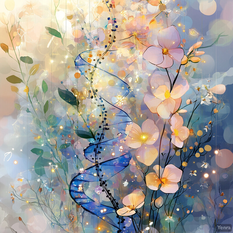 A DNA double helix structure surrounded by flowers and leaves, with a blue ribbon in the foreground.