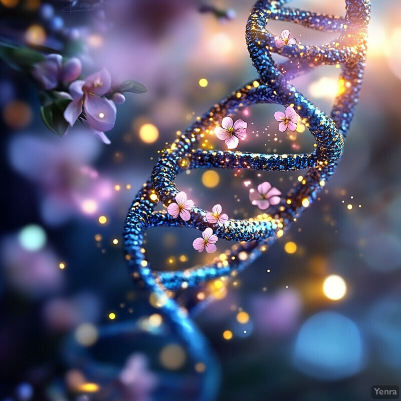 A stylized representation of a DNA strand with pink flowers embedded within its structure, surrounded by yellow and blue lights.