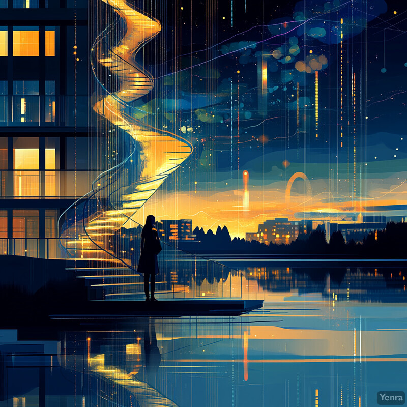 A futuristic cityscape with a large building and a spiral staircase, set against the backdrop of a starry night sky.