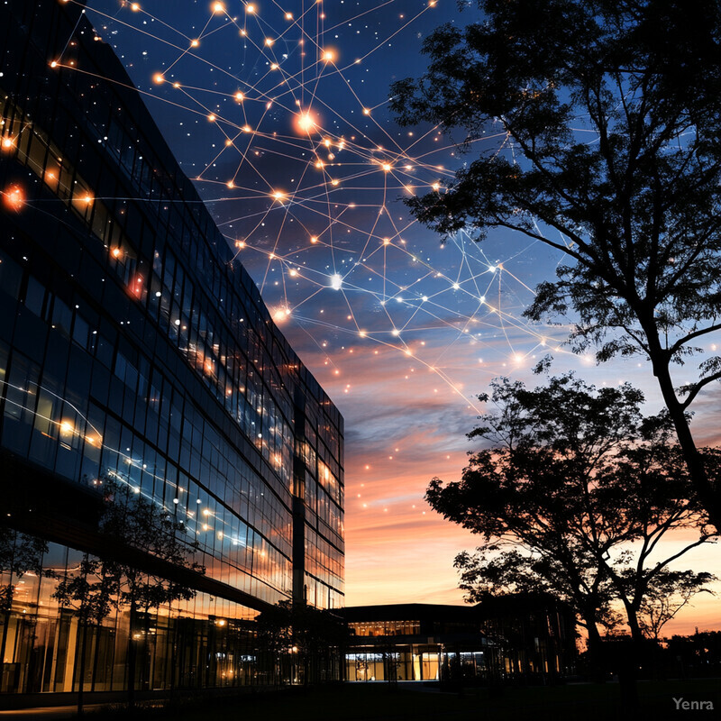 A large office building with a glass facade and well-manicured trees in the background.