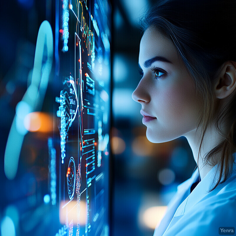 A woman in a lab coat looks at a screen displaying EHR data visualizations.