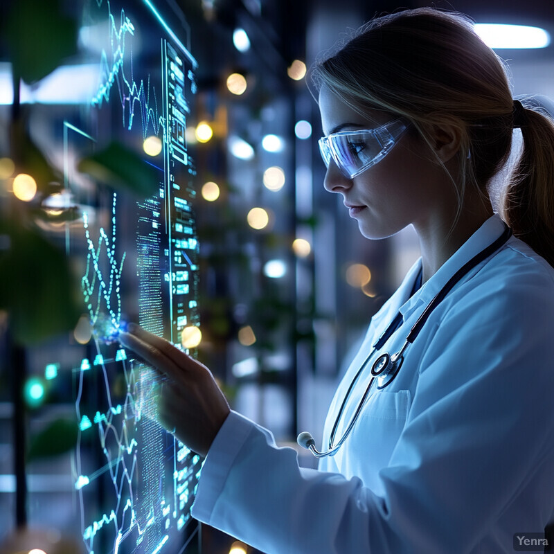 A woman in a white lab coat is studying electronic health records (EHRs) on a large screen.