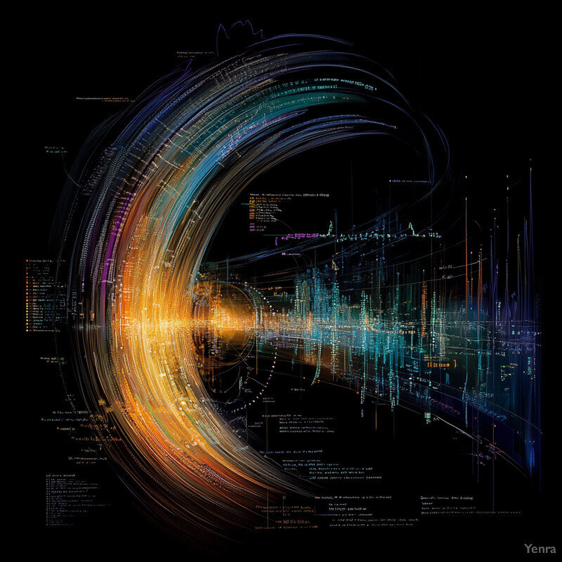 A digital artwork featuring a central circle with concentric rings and various shapes and symbols in a range of colors.